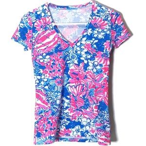 Lilly Pulitzer floral hot pink neon blue shirt sleeve t shirt Top xxs‎